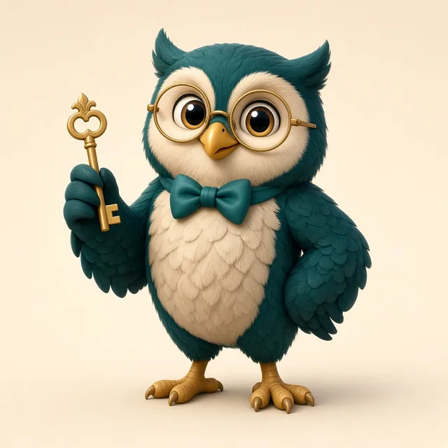 Sterling, the Keys & Cents owl, holding a golden house key